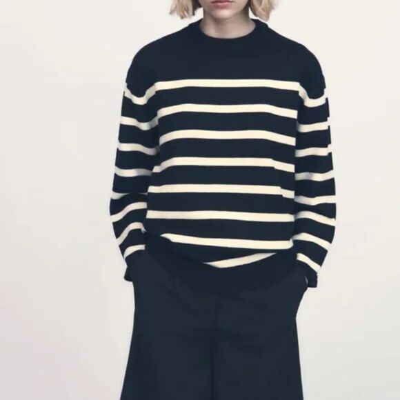 Black White Striped Zara Button Sleeve Round Neck Pullover Knit Sweater (NWT) - Picture 5 of 6